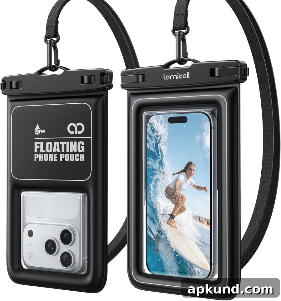 Floating waterproof phone pouch on water